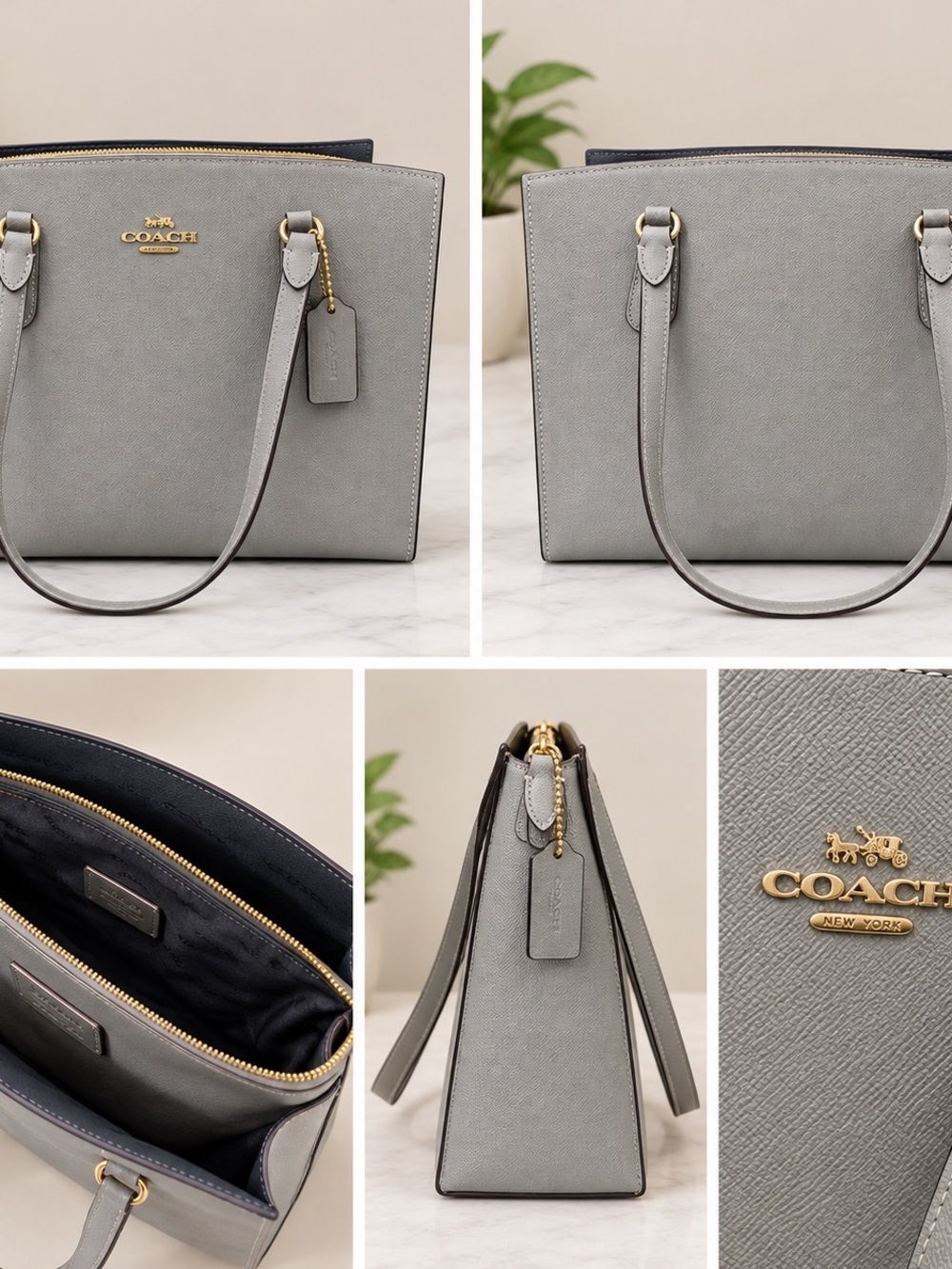 COACH Gray Leather Saffiano Tote with Gold Hardware